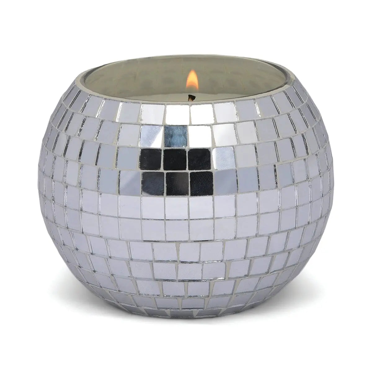 The Magique Green Disco Ball - Sparkling Bergamot features a lit candle inside, covered in small, reflective silver mosaic tiles—perfect for bringing mirror ball candle style to your home decor.