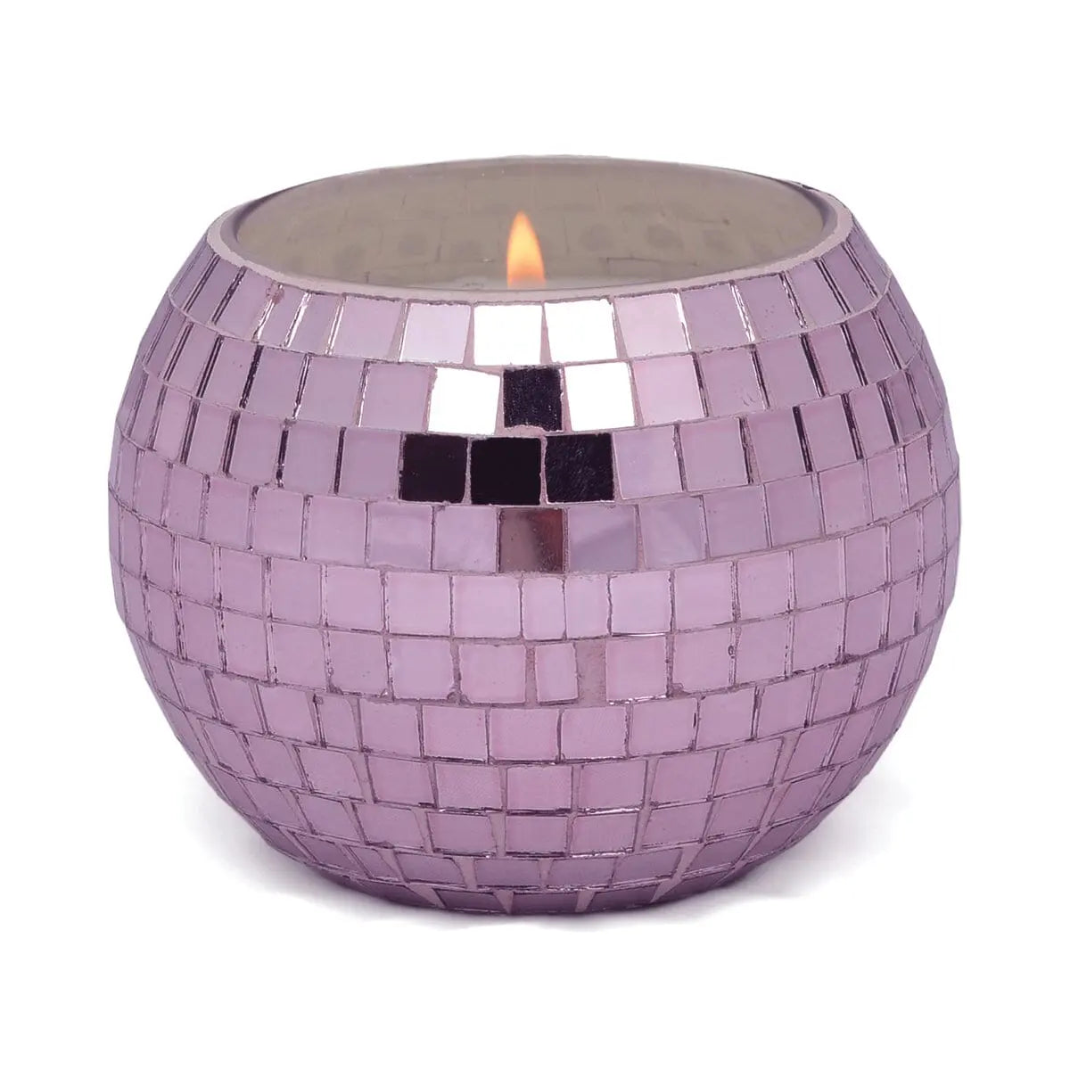 The Magique Green Disco Ball - Lavender Fern is a lit candle in a round, purple mosaic glass holder with a reflective tiled pattern—perfect as a handcrafted mirror ball candle to elevate your home decor.