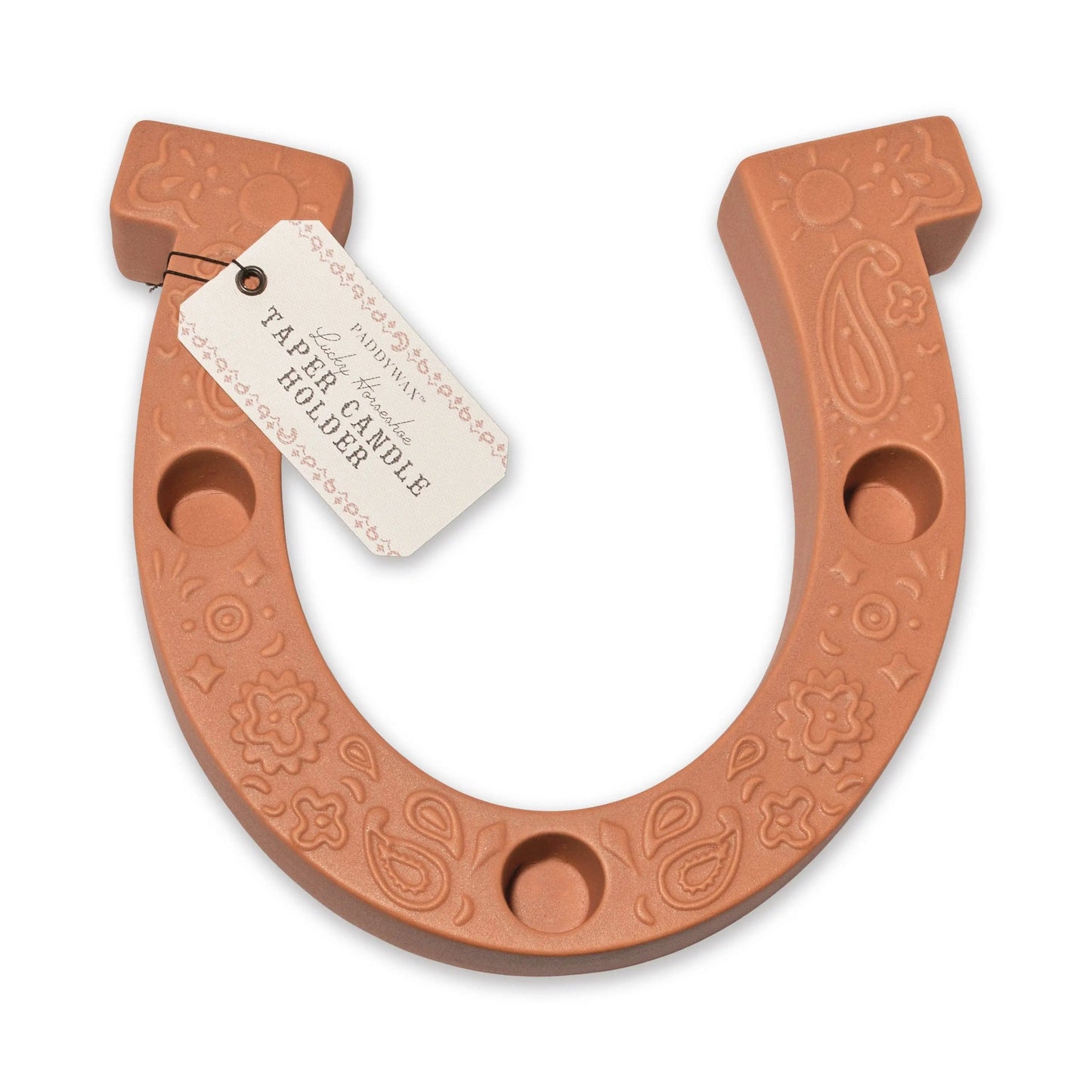 A Nashville Terracotta Ceramic Horseshoe Taper Holder with embossed patterns and a hangtag.