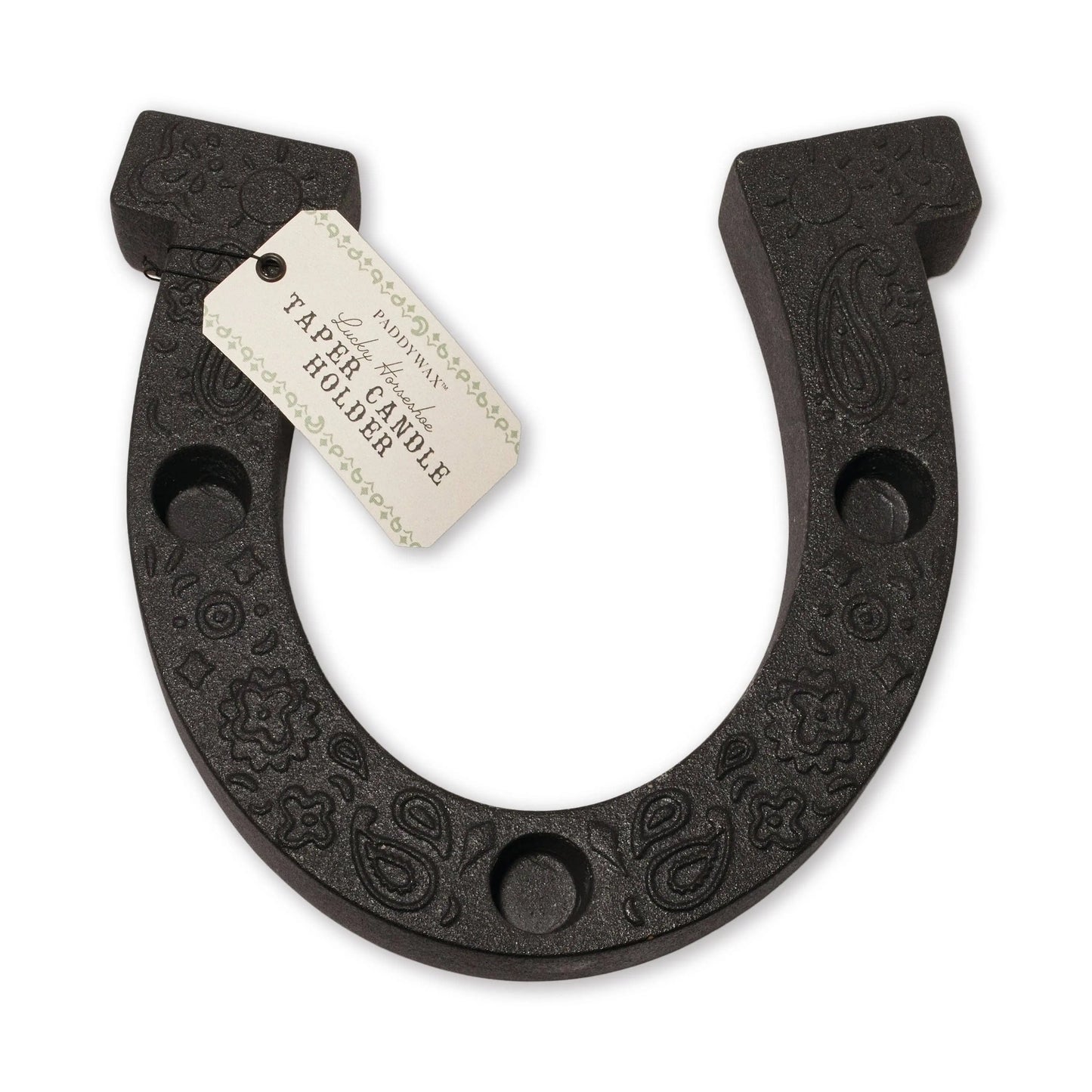 The Nashville Black Ceramic Horseshoe Taper Holder features floral patterns, three candle slots, and a hangtag—ideal for stylish home decor.
