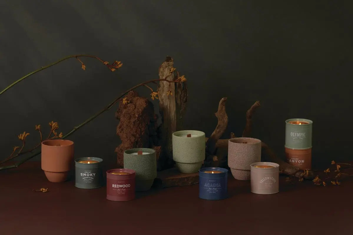 The Grand Canyon - Parks 11 oz Candle with a crackling wood wick sits in a colorful container, arranged among wood and dried branches against a dark background.