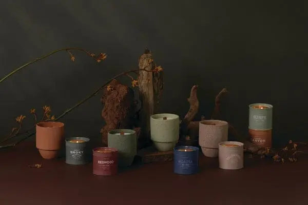 The Parks 6oz Tin - Great Smoky Mountains candle is presented in an earthy tin, evoking the serene beauty of US National Parks, and arranged on a brown surface with dried branches against a dark green background.