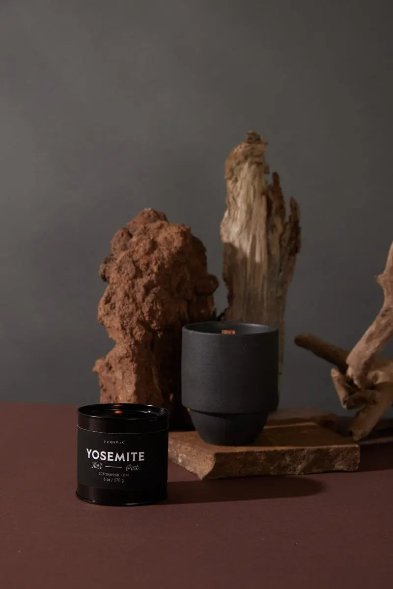 A Parks 11 oz Candle - Yosemite, black with a Cottonwood and Oak scent, sits on a brown surface beside a black cup and vertically arranged driftwood.