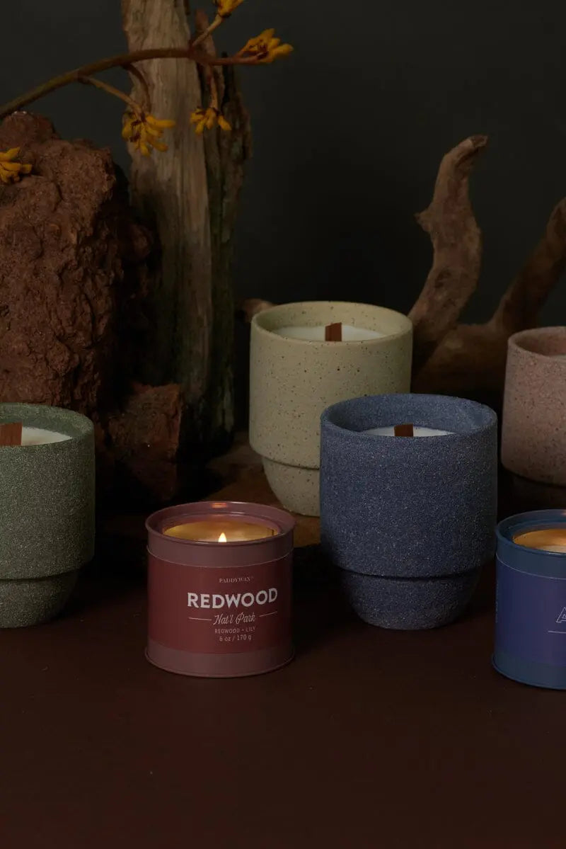 The Acadia - Parks 11 oz Candle, in a ceramic holder, sits on a dark surface alongside a labeled tin candle with a crackling wood wick, with wood and rocks in the background.