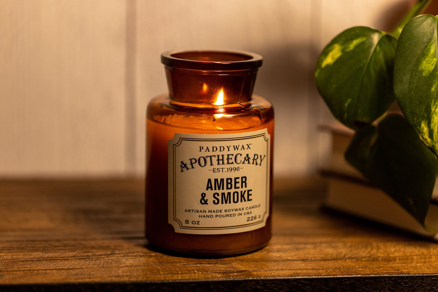 Apothecary Amber and Smoke candle on a wood shelf next to a plant