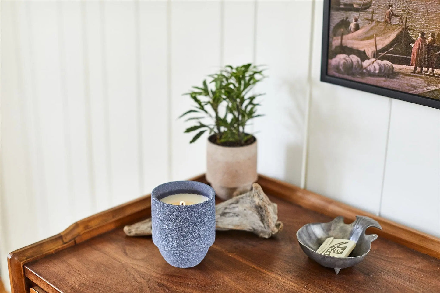 A Parks 11 oz Candle – Acadia sits on a wooden tabletop beside a small potted plant, driftwood, matches on a tray, and national park-inspired framed wall art.