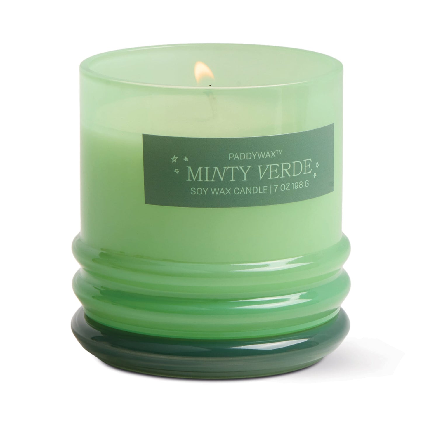The Minty Verde - Stack 7 oz Candle fills the air with a fresh scent. Housed in a green glass jar with a ribbed base, it doubles as a stylish reusable vessel after use.