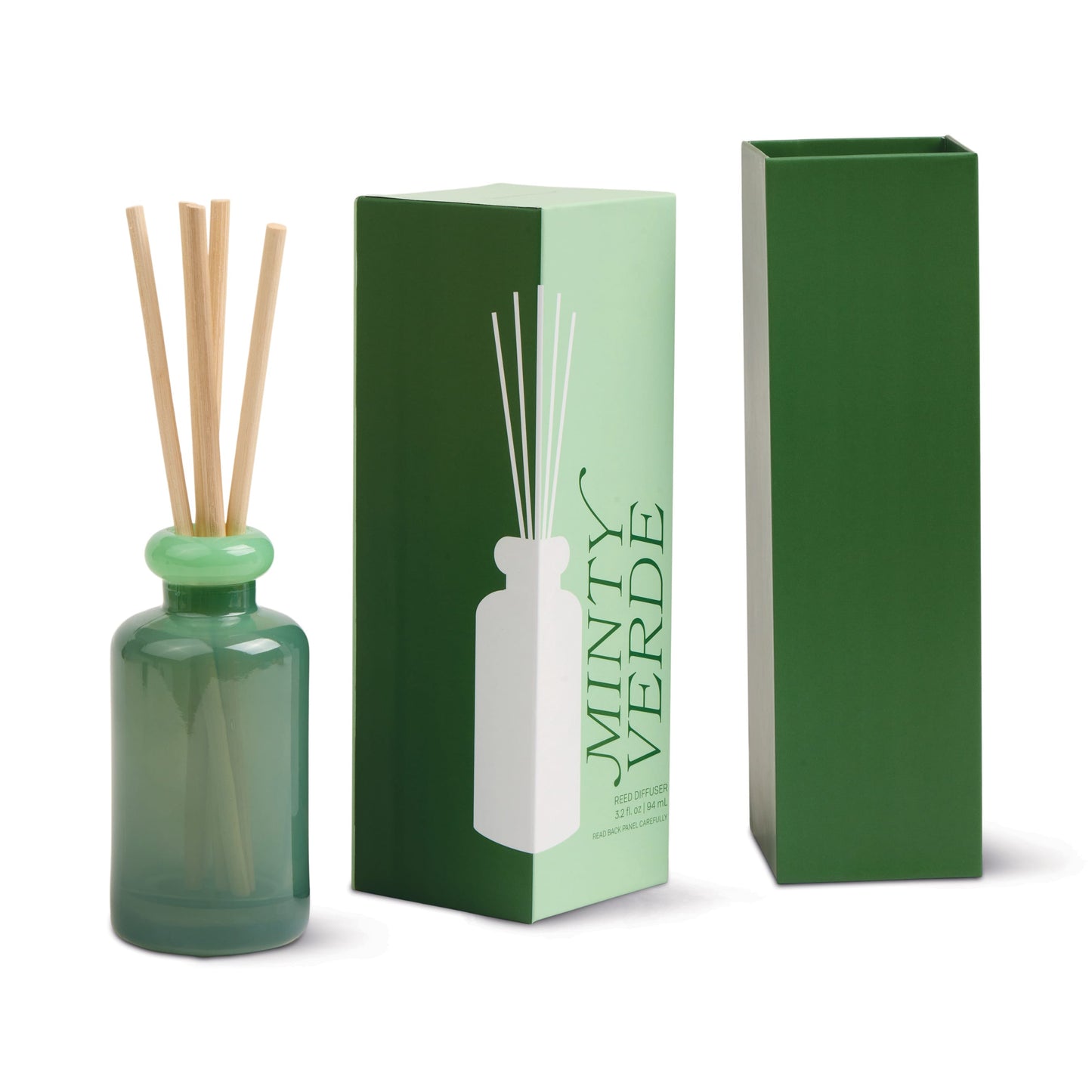 The Minty Verde - Stack 3.2 oz Diffuser with wooden sticks is shown next to its green box labeled Minty Verde, which displays a bottle illustration and highlights continuous freshness.