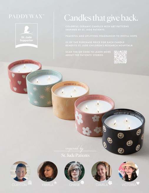 Five colorful ceramic candles with different patterns are displayed in a row. Text explains that 5% of sales supports St. Jude Children’s Research Hospital. Photos of five children are shown below.