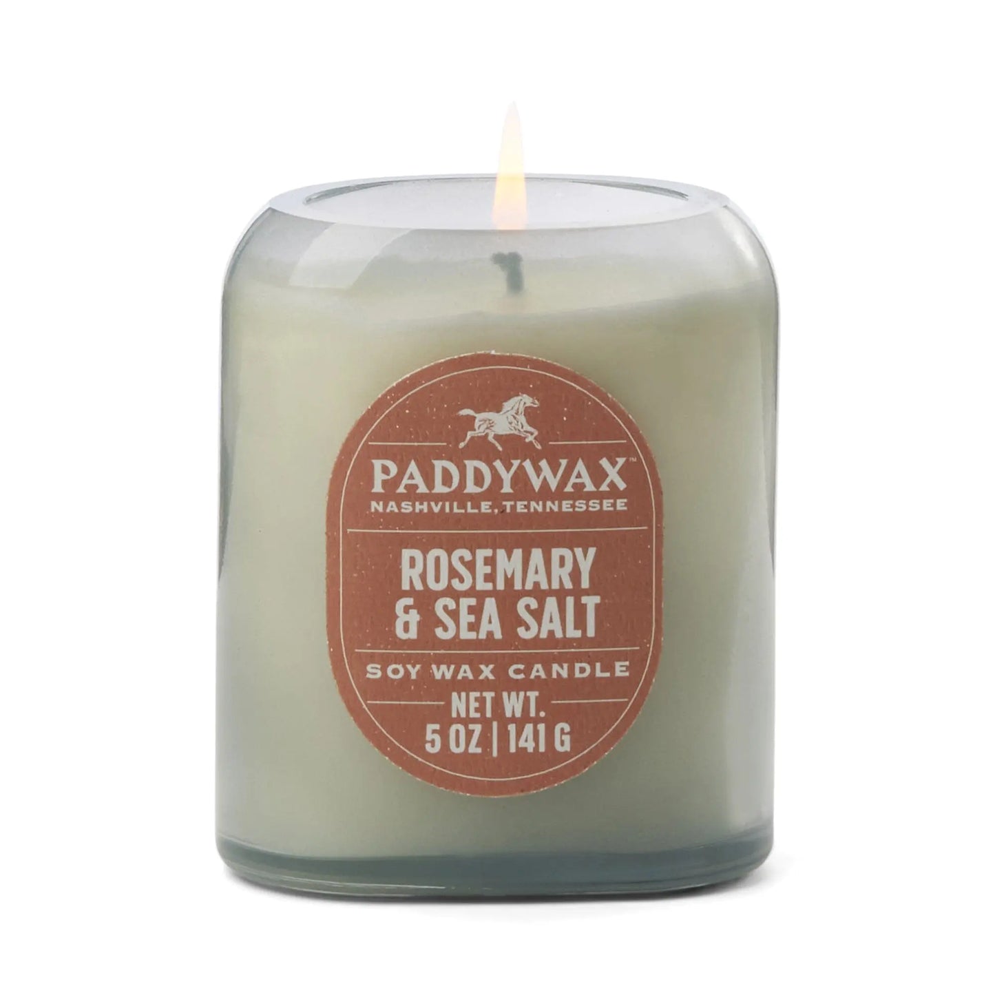 The Vista 5 oz Candle - Rosemary & Sea Salt offers a luxurious scent in a stylish glass jar with a brown label, making it the perfect accent for any modern home.