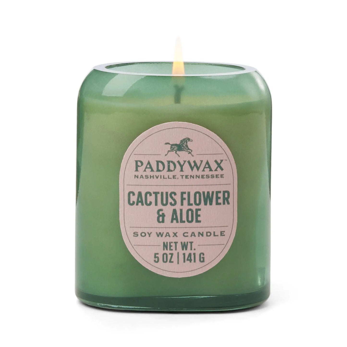 The Vista 5 oz Candle - Cactus Flower & Aloe features a green glass design, emits a luxurious scent when lit, and is ideal for adding modern style to your home.