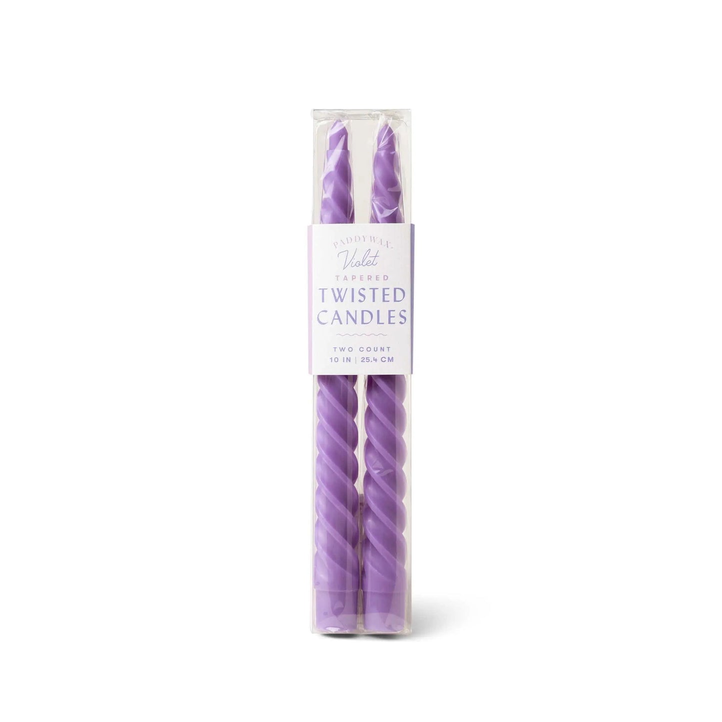 A clear box displays two Violet Twisted Taper Candles, each 10 in (25.4 cm), ideal for dining table or mantel decor.