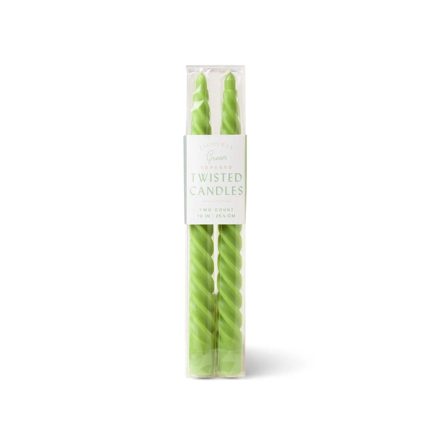 Two 10” green twisted tapers pictured in a clear package with a white label