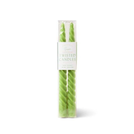 Two 10” green twisted tapers pictured in a clear package with a white label