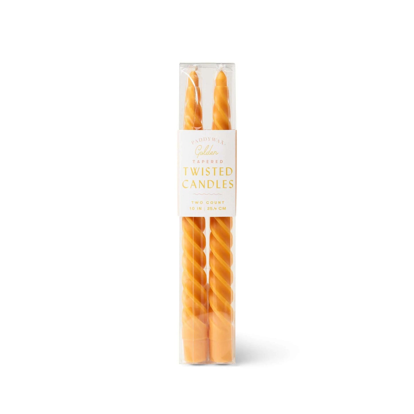 Two 10” orange twisted tapers pictured in a clear package with a white label