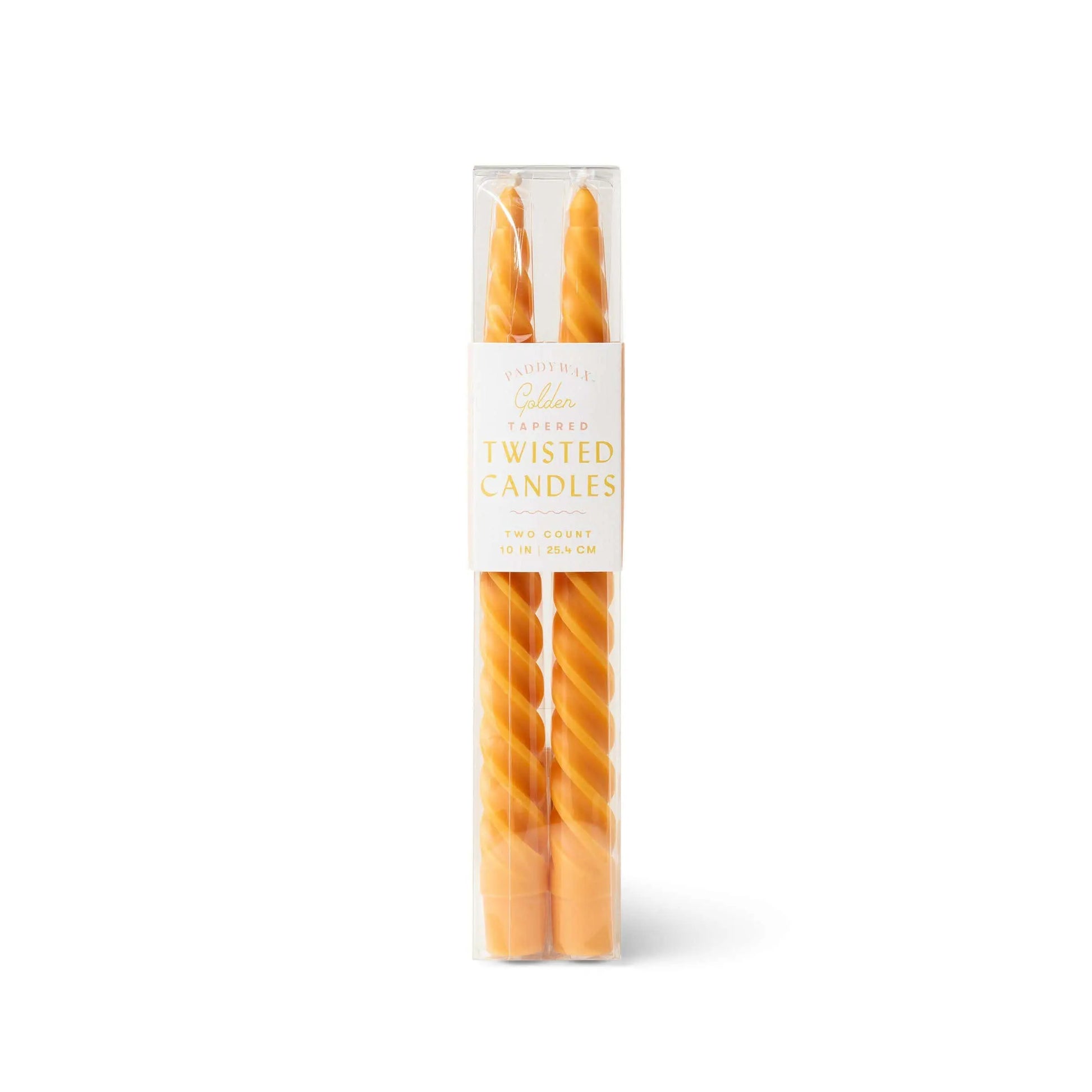Two 10” orange twisted tapers pictured in a clear package with a white label