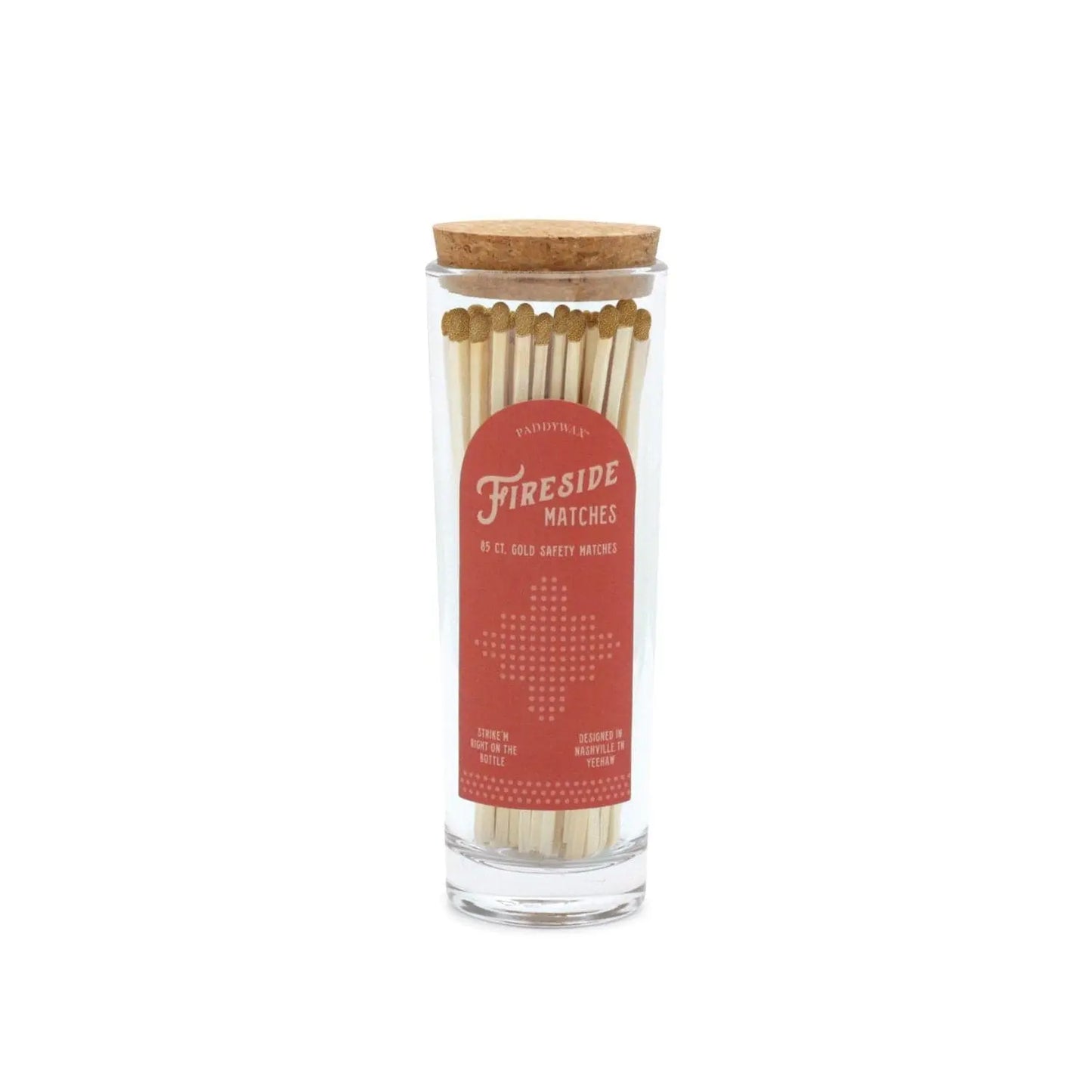 5.25" gold-tipped matches in tall glass tube with cork stopper; red label on the side reads “Fireside Matches”; 85 matches inside