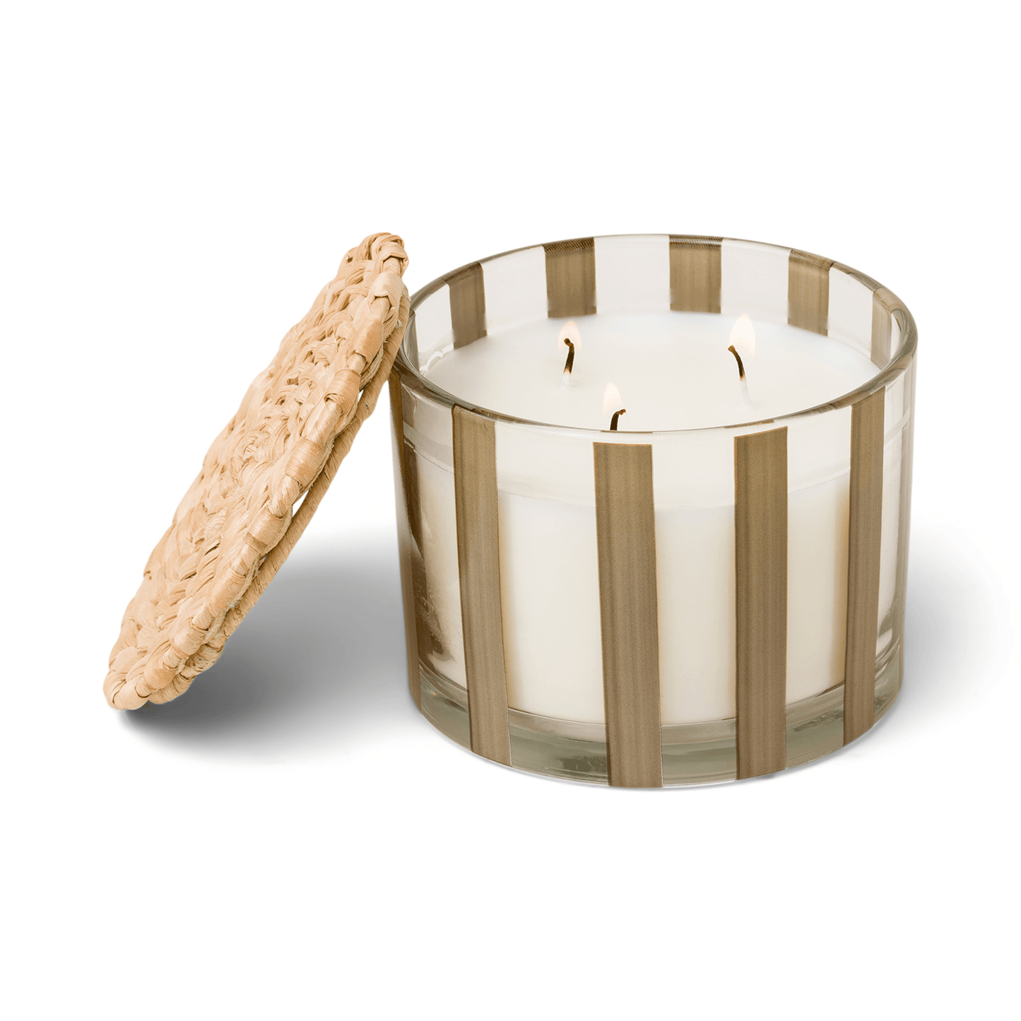 Striped brown clear glass vessel with white wax and three wicks; a part of the Al Fresco collection; comes with woven rattan lid; 12 oz