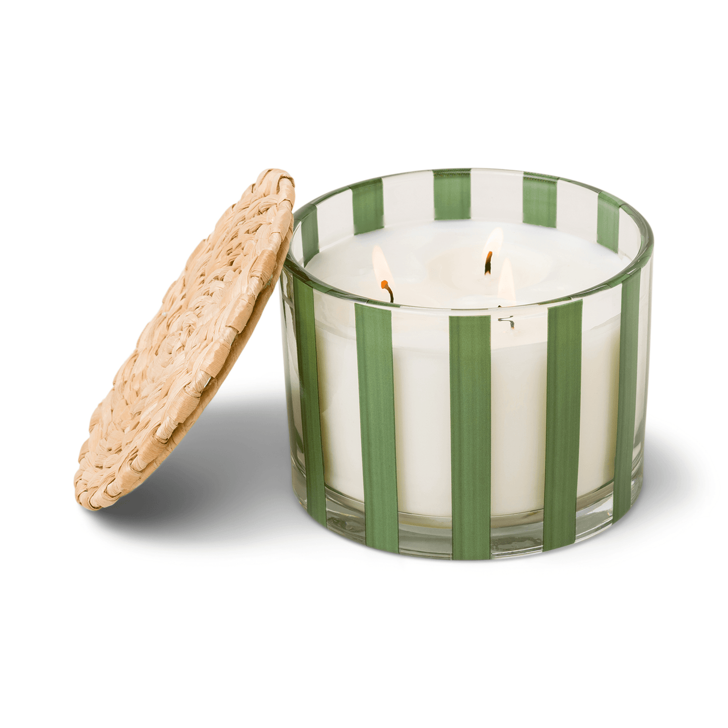 clear glass vessel green stripes, white wax, and three wicks; a part of the Al Fresco collection; comes with woven rattan lid; 12 oz