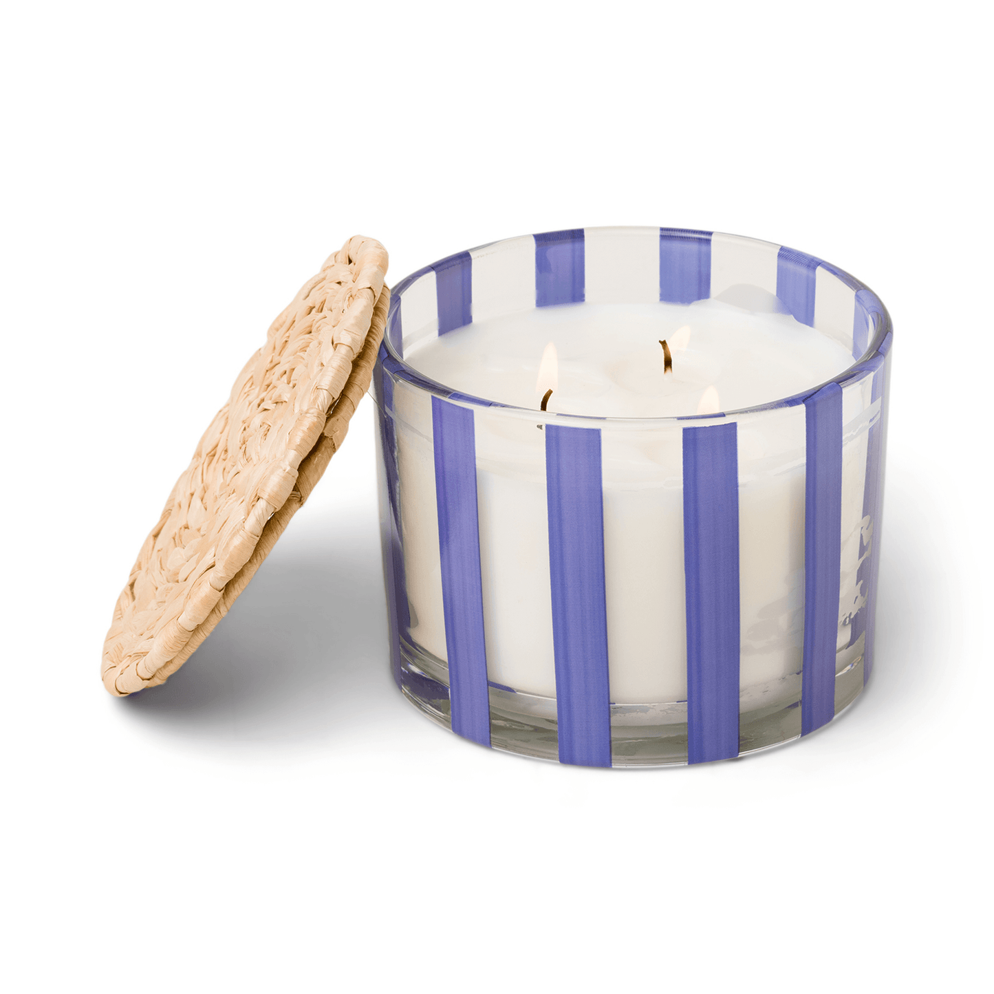 12 oz clear glass vessel with pink/purple stripes, white wax, and three wicks; a part of the Al Fresco collection; comes with woven rattan lid