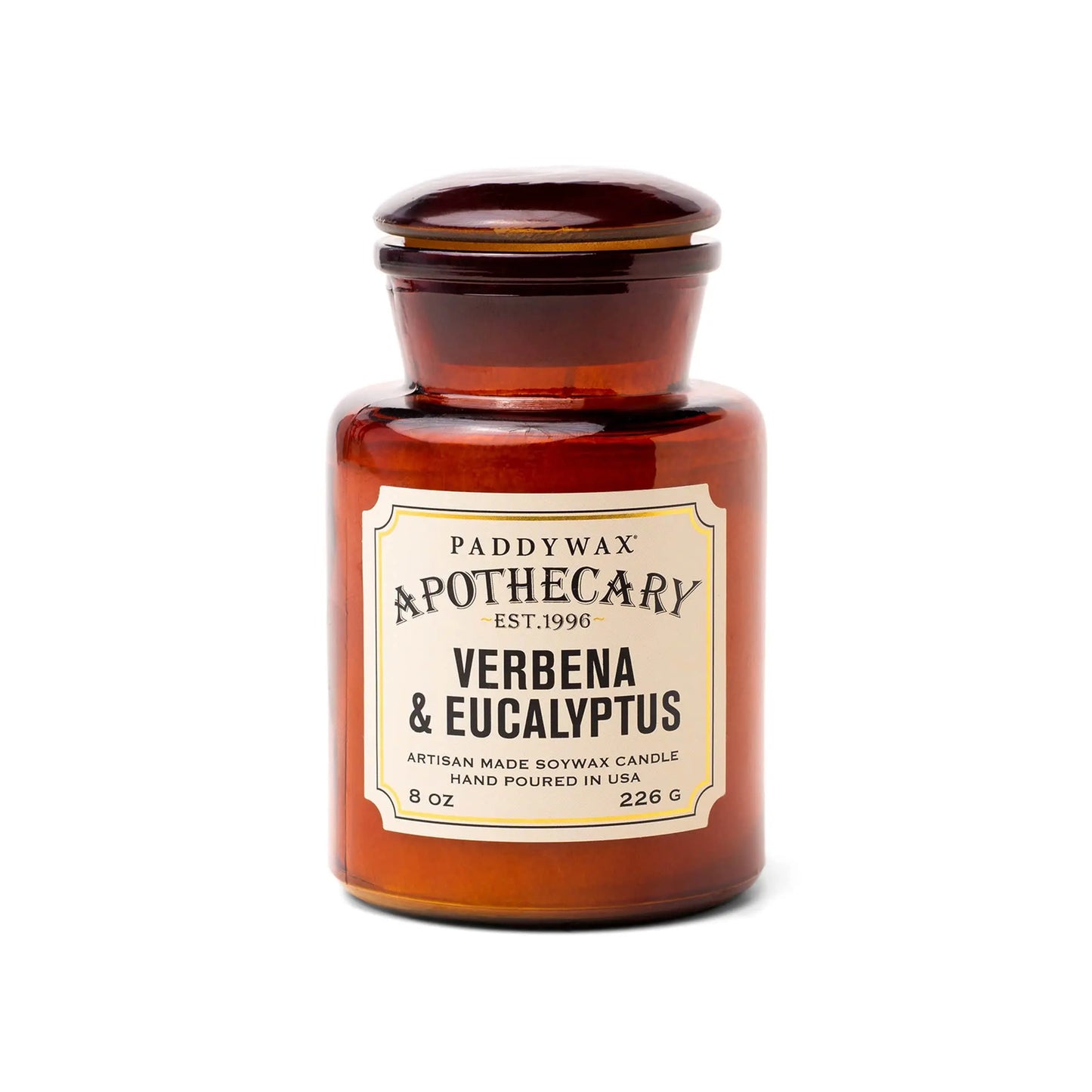 8 oz brown apothecary bottle glass vessel with a vintage-style label; white wax; part of the apothecary collection