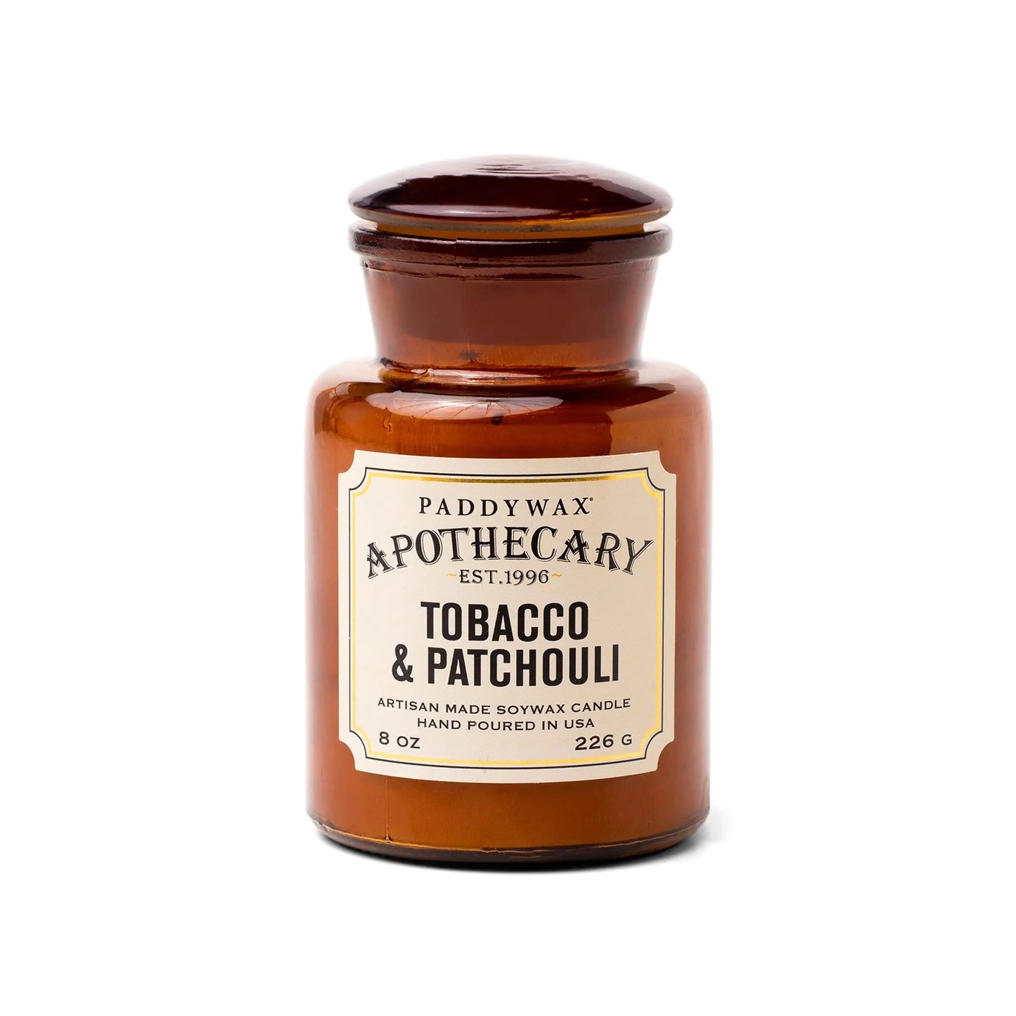 8 oz brown apothecary bottle glass vessel with a vintage-style label; white wax; part of the apothecary collection