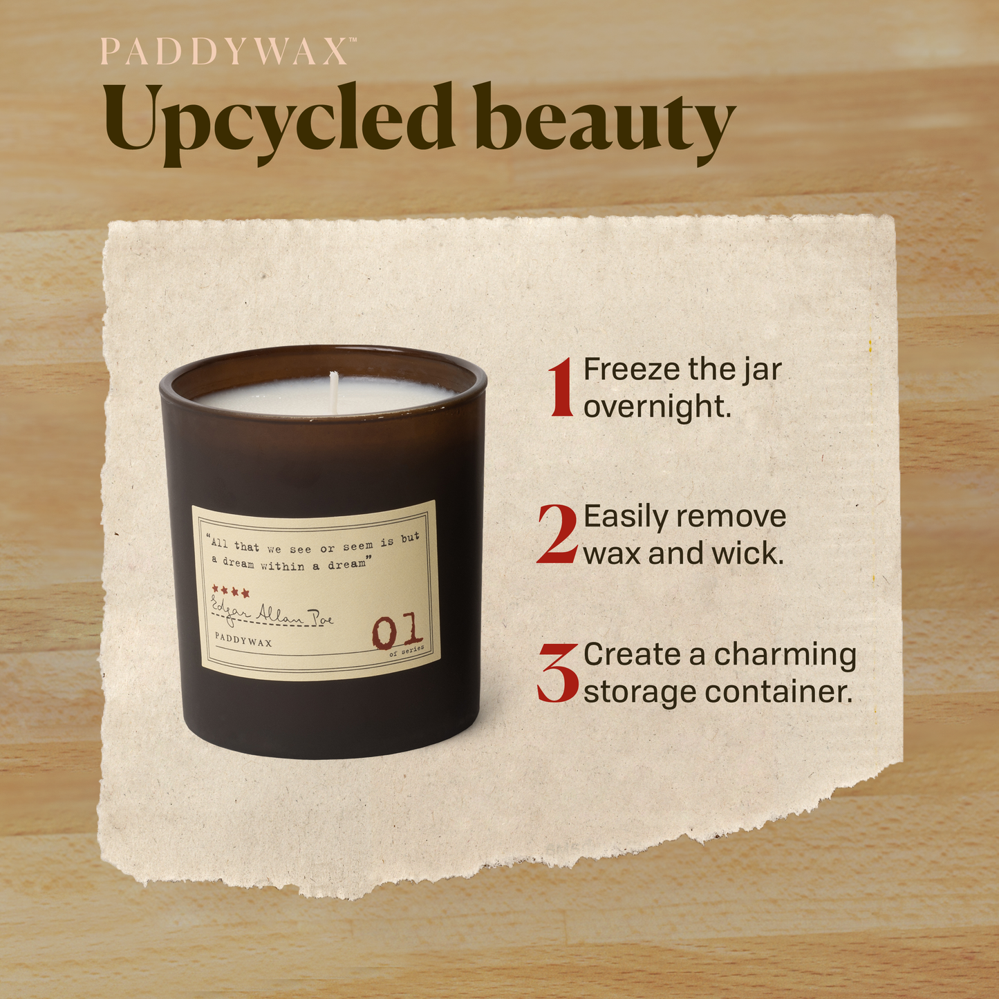 Photo of a candle on a wood background. Upcycled beauty. 1.) Freeze the jar overnight. 2.) Easily remove wax and wick. 3.) Create a charming storage container.