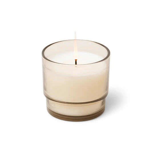 7 oz candle in glass vessel with a very slight grey tint; white wax; one wick; a part of the Al Fresco collection