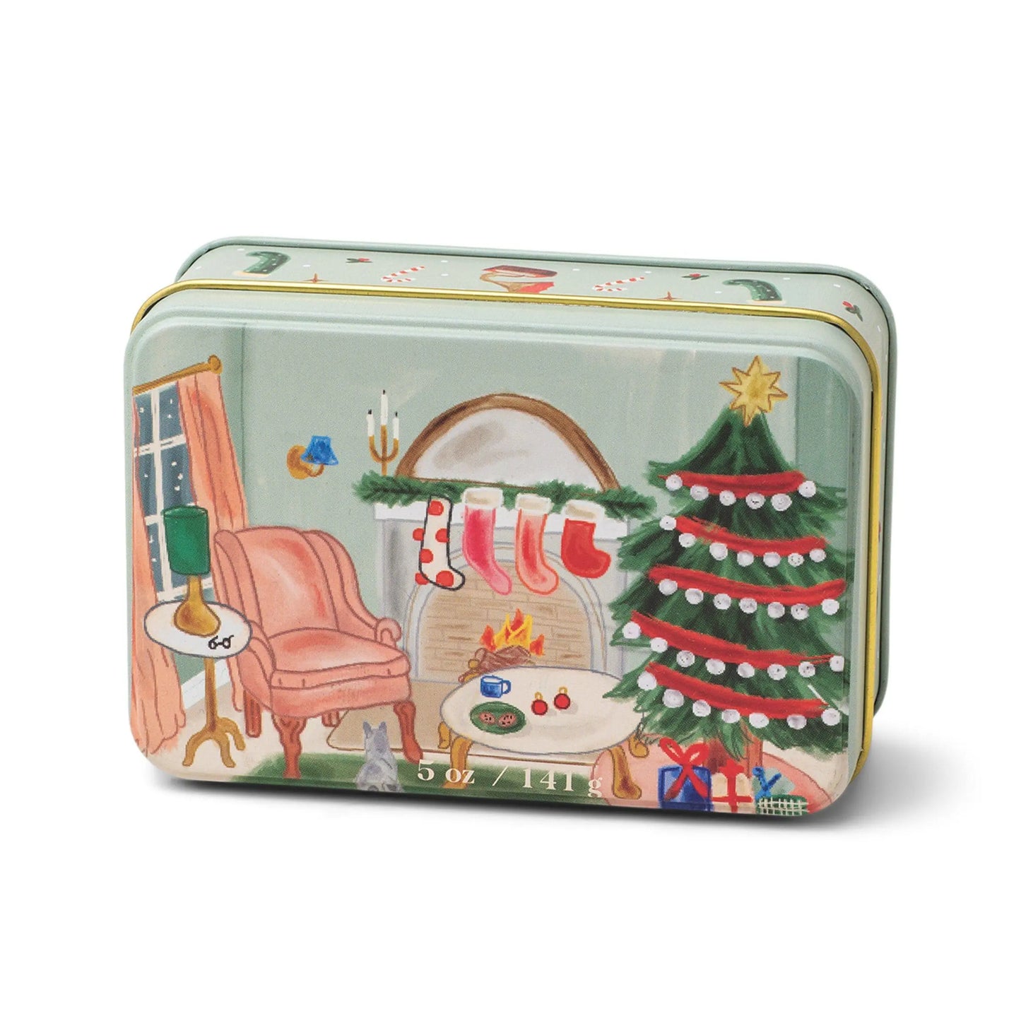 5 oz holiday tin with custom artwork; lid shows a living space decorated for the Holidays
