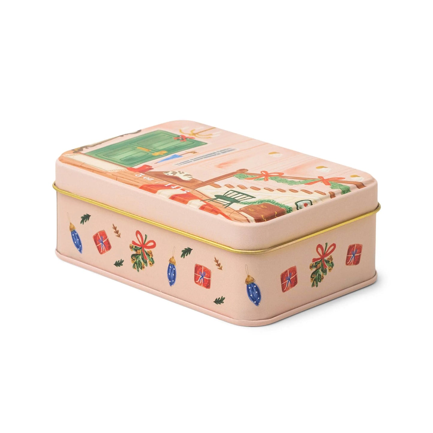 5 oz holiday tin with custom artwork; lid shows house entry decorated for the holidays; sides of the tin have ornaments and presents