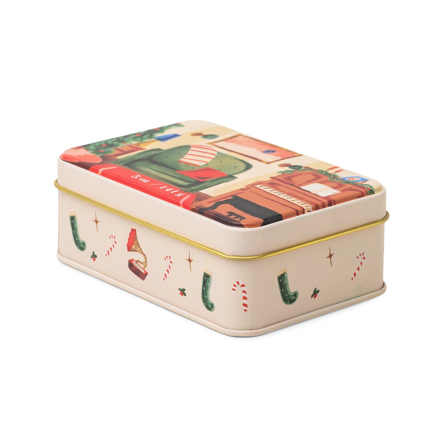5 oz holiday tin with custom artwork; lid shows family room with piano and decorated tree; sides of the tin have stockings and candy canes