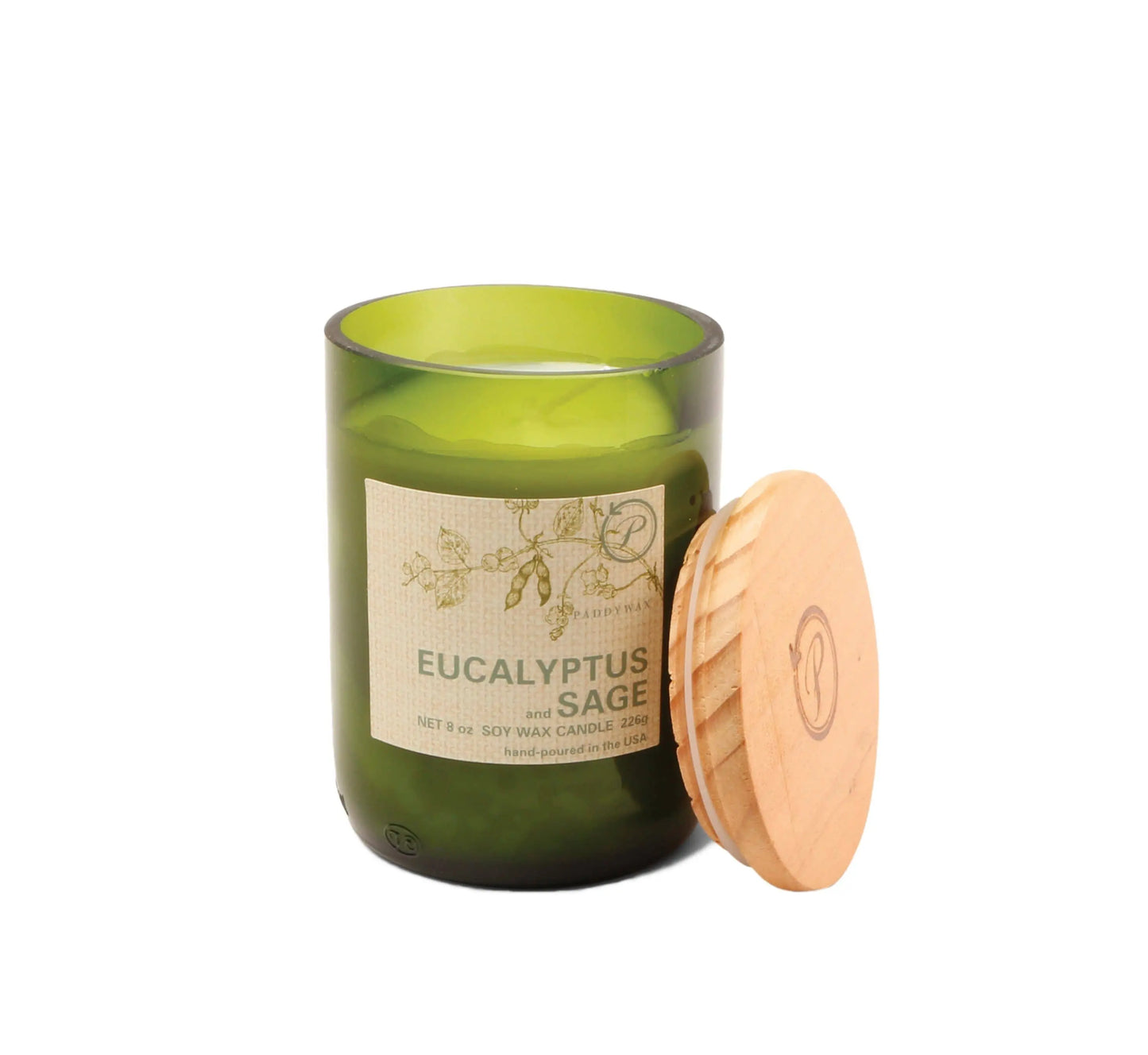 Candle in an 8 oz green glass vessel with a beige label and a wooden lid