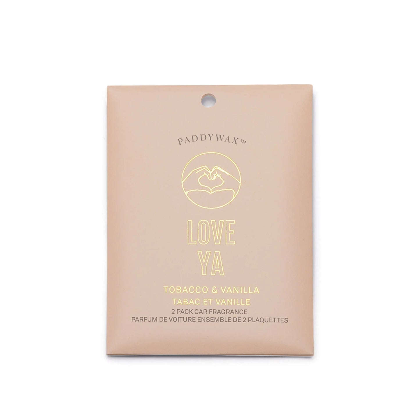 A beige Impressions Car Fragrance - Tobacco + Vanilla Love Ya by Paddywax features gold text and subtle Patchouli notes.