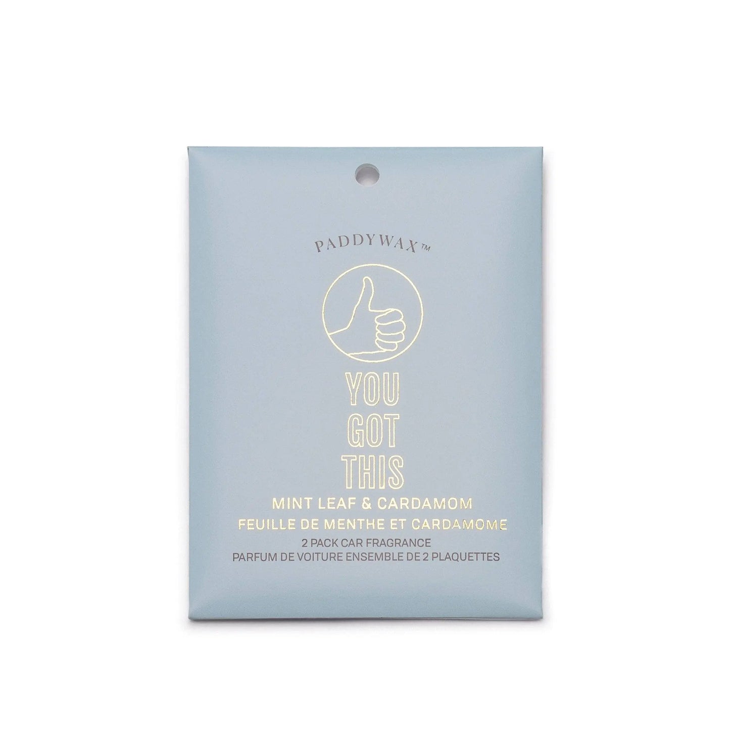 A light blue Impressions Car Fragrance - Mint Leaf + Cardamom You Got This by Paddywax, featuring a thumbs-up graphic and uplifting packaging.