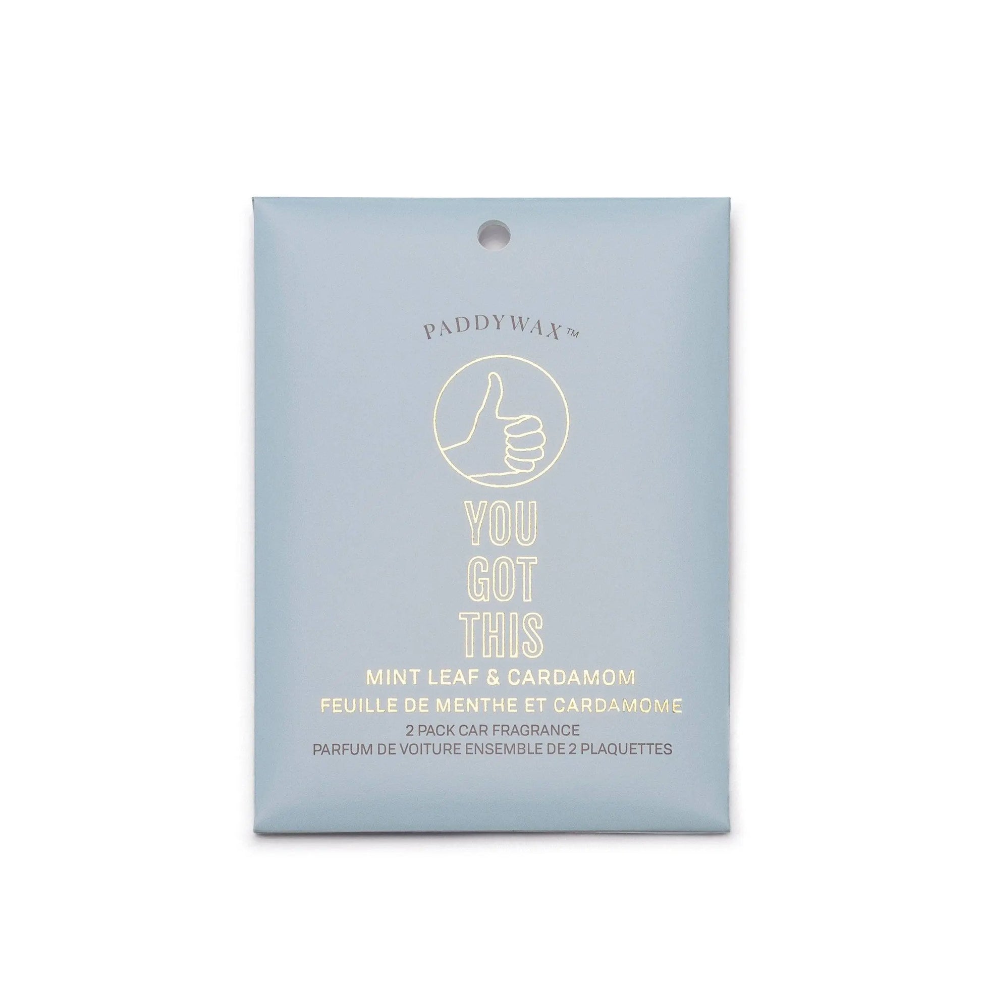 A light blue Impressions Car Fragrance - Mint Leaf + Cardamom You Got This by Paddywax, featuring a thumbs-up graphic and uplifting packaging.