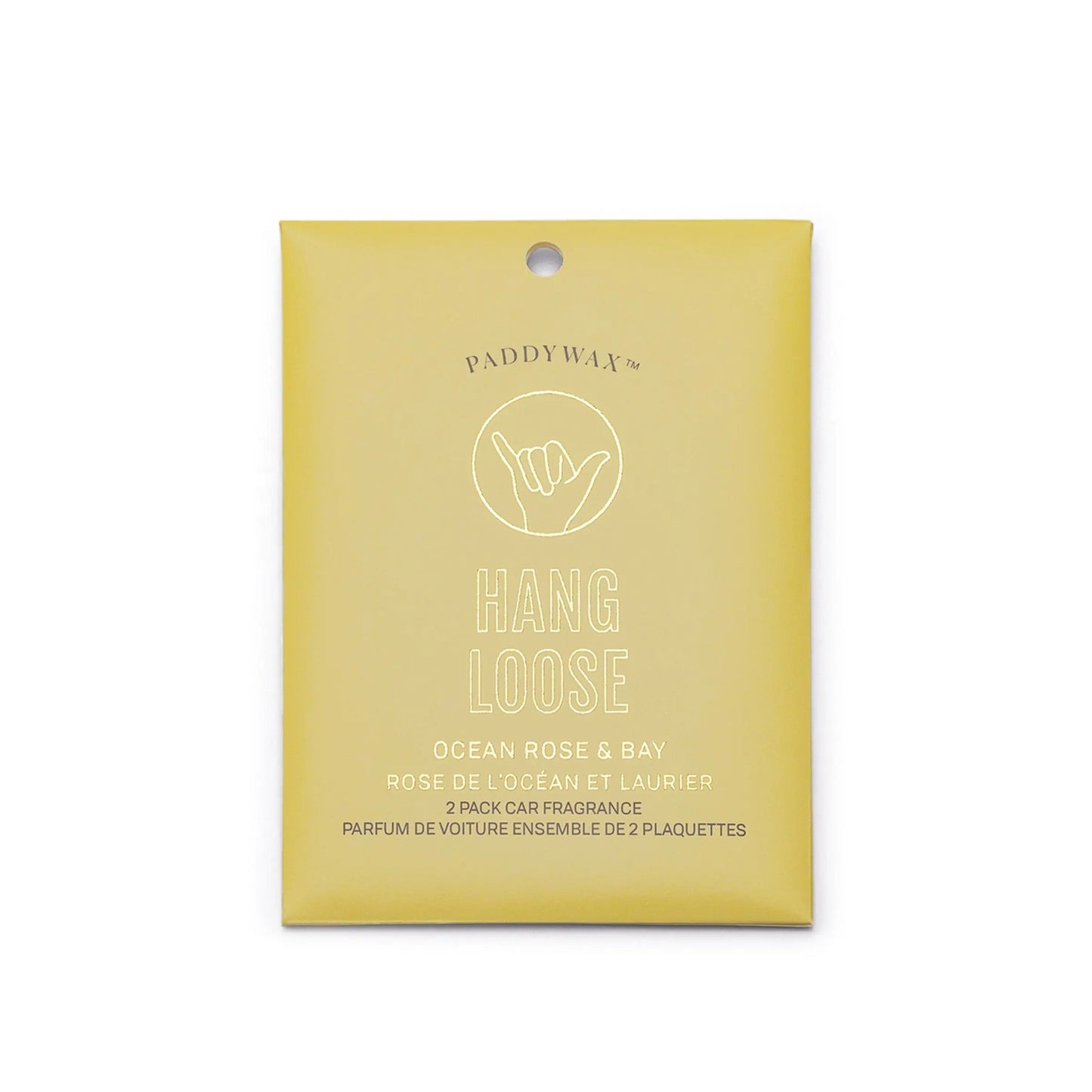 The Impressions Car Fragrance - Ocean Rose + Bay Hang Loose 2-pack delivers a fresh, lasting scent for your car, ideal for road trips. Comes in a yellow packet labeled Hang Loose.