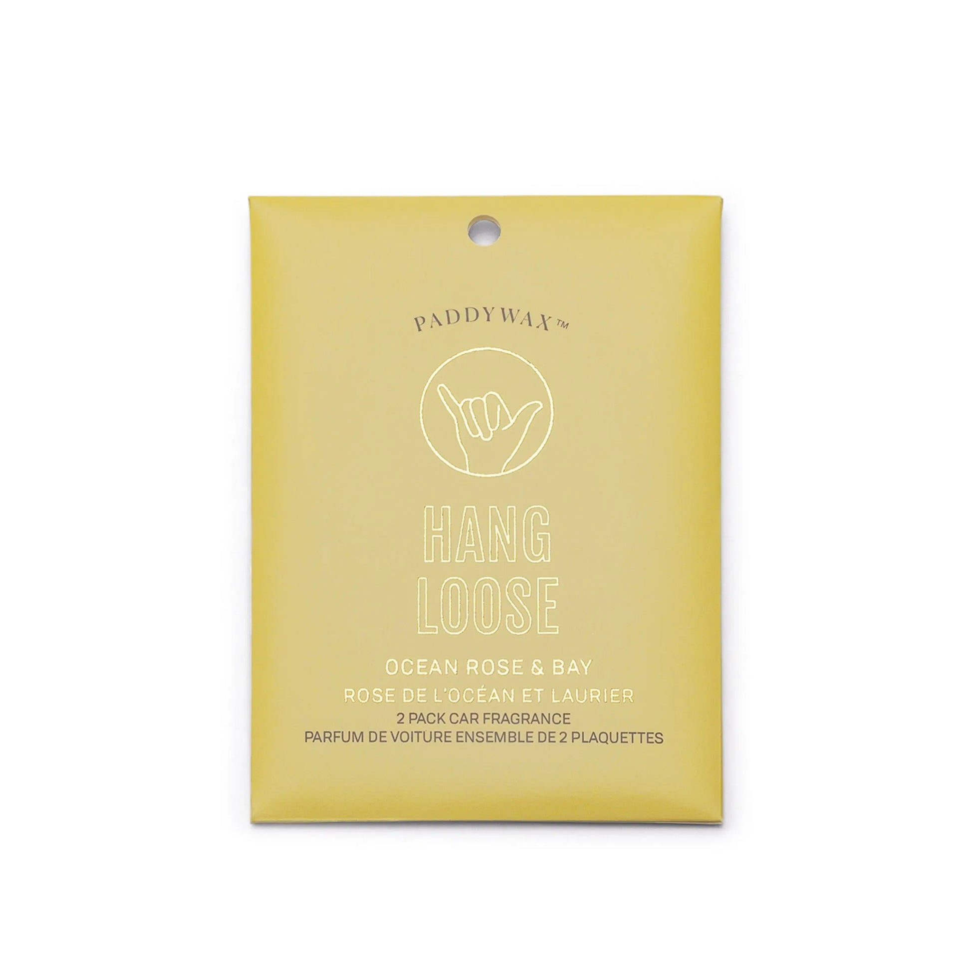 The Impressions Car Fragrance - Ocean Rose + Bay Hang Loose 2-pack delivers a fresh, lasting scent for your car, ideal for road trips. Comes in a yellow packet labeled Hang Loose.
