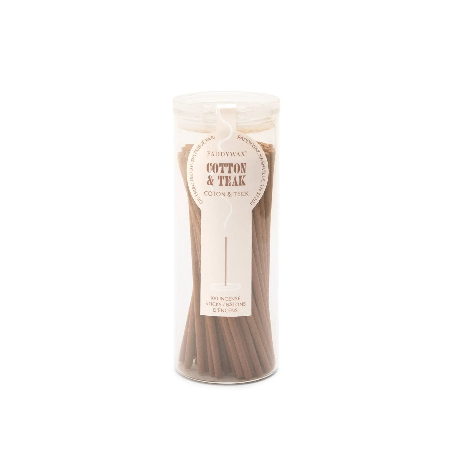 Clear glass cylinder holding 100 incense sticks for flameless fragrance.