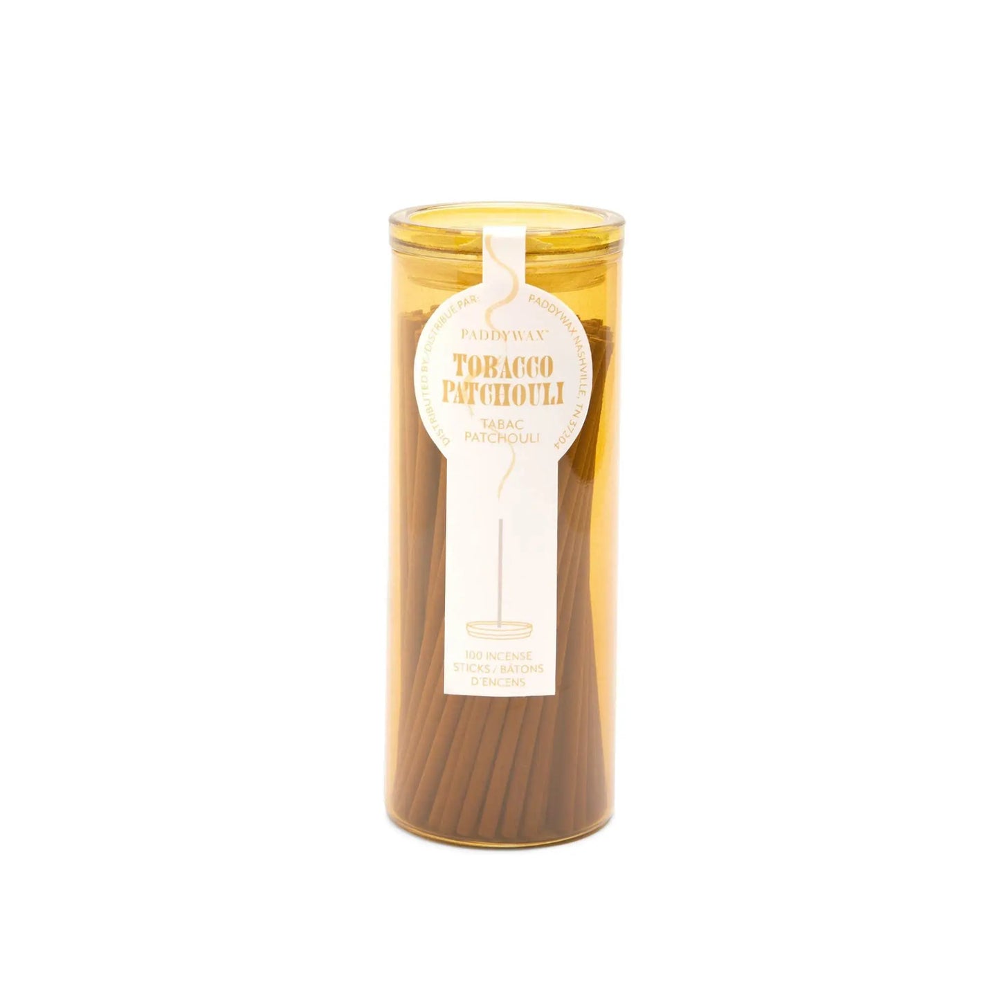 Yellow glass cylinder with white label holding 100 incense sticks for flameless fragrance