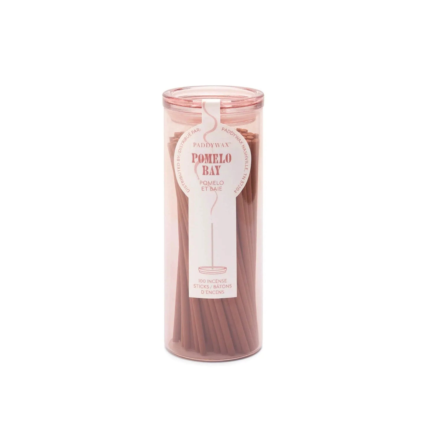 Pink glass cylinder with white label holding 100 incense sticks for flameless fragrance;