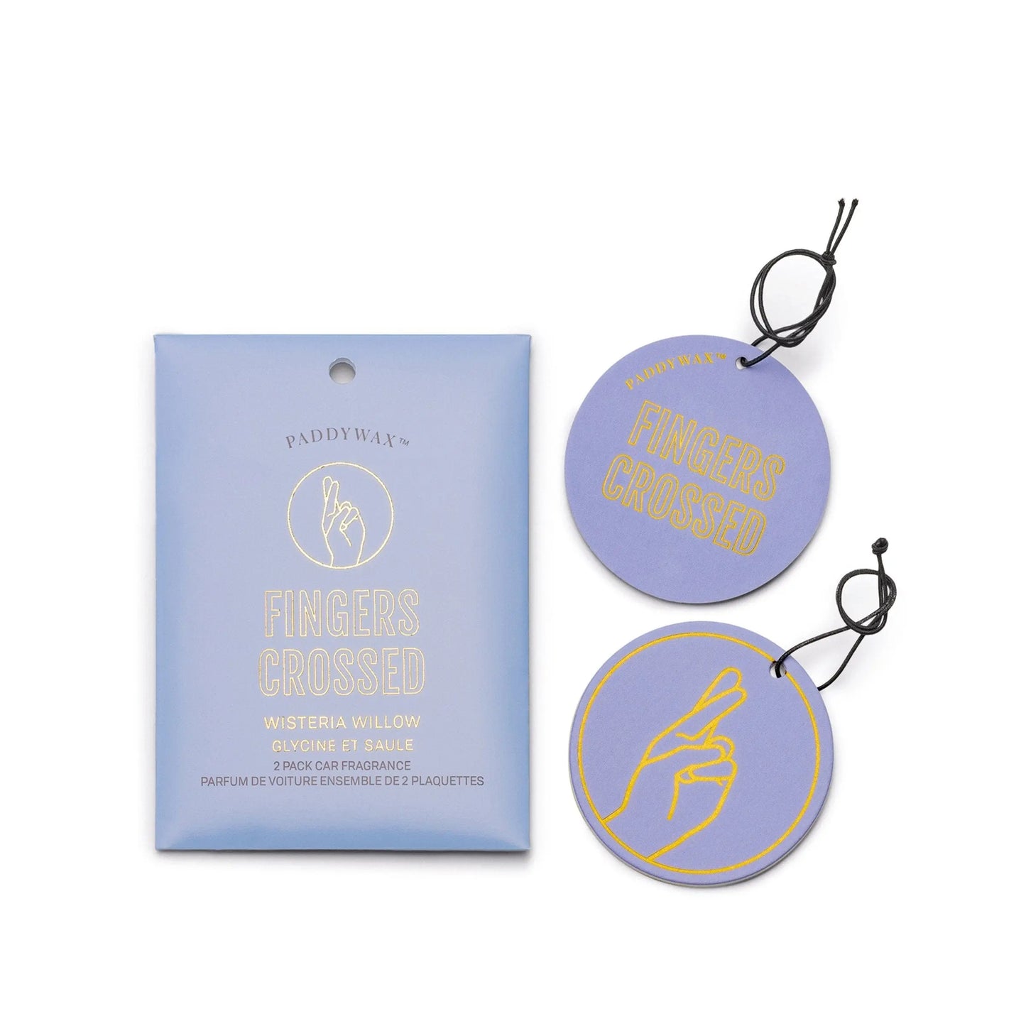 The Impressions Car Fragrance - Wisteria + Willow Fingers Crossed includes a lavender packet and two round car fresheners with yellow crossed fingers outlines and black strings.