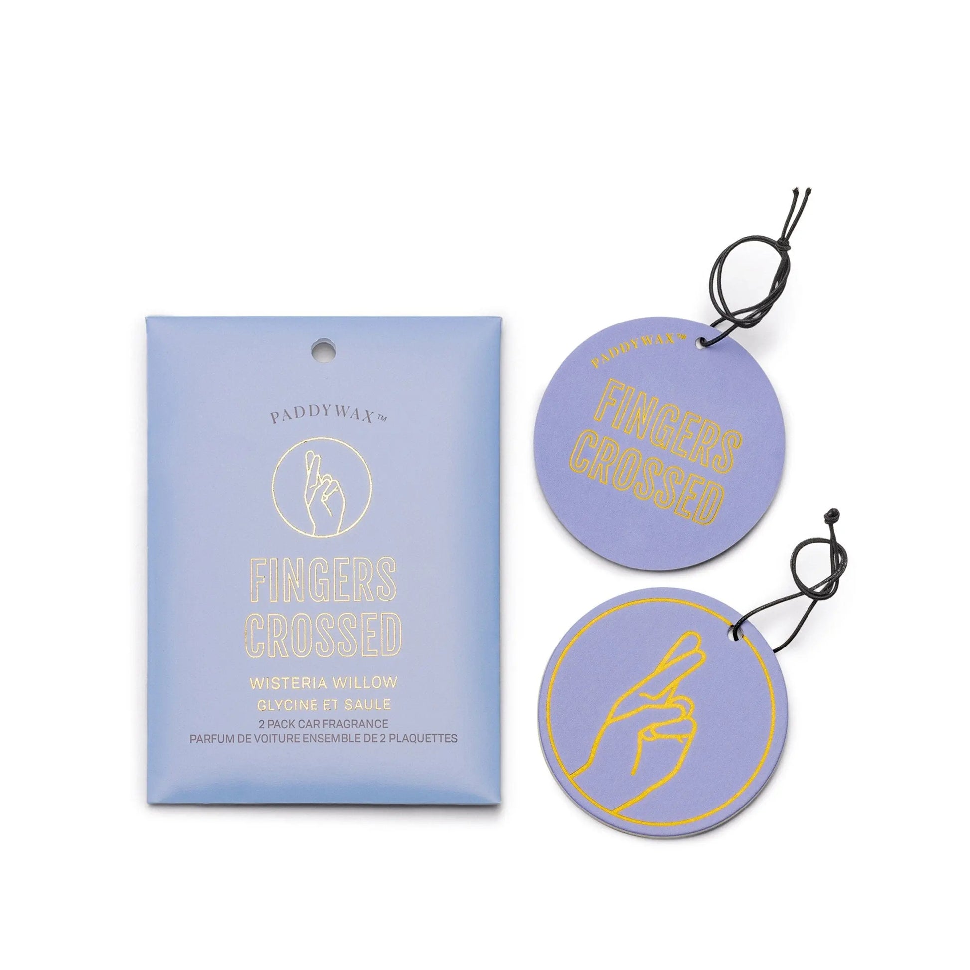 The Impressions Car Fragrance - Wisteria + Willow Fingers Crossed includes a lavender packet and two round car fresheners with yellow crossed fingers outlines and black strings.