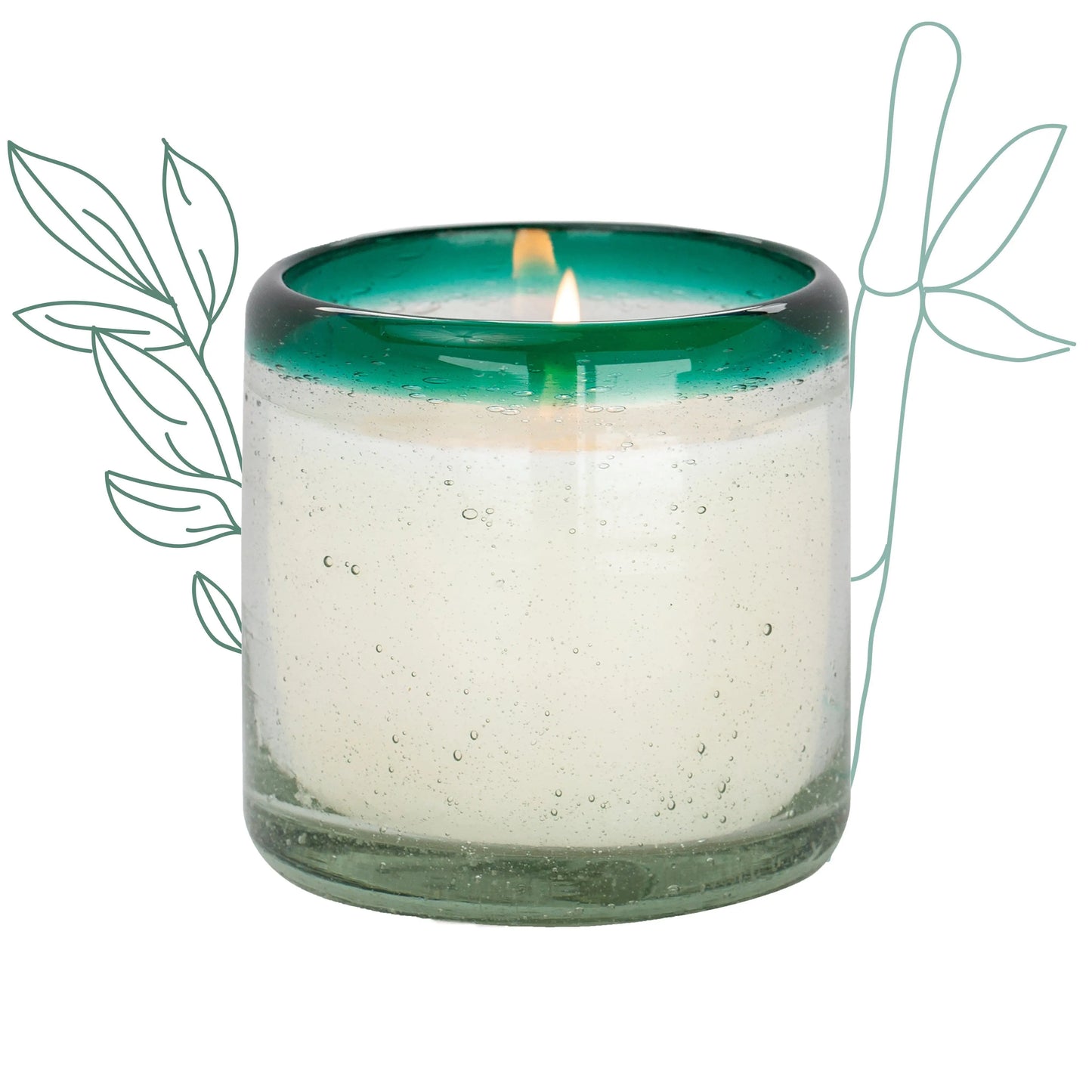 The Cactus Flower Bamboo - La Playa 9 oz Candle, a white artisan Mexican candle in a clear recycled glass jar with a green rim, sits before a simple line drawing of leaves.