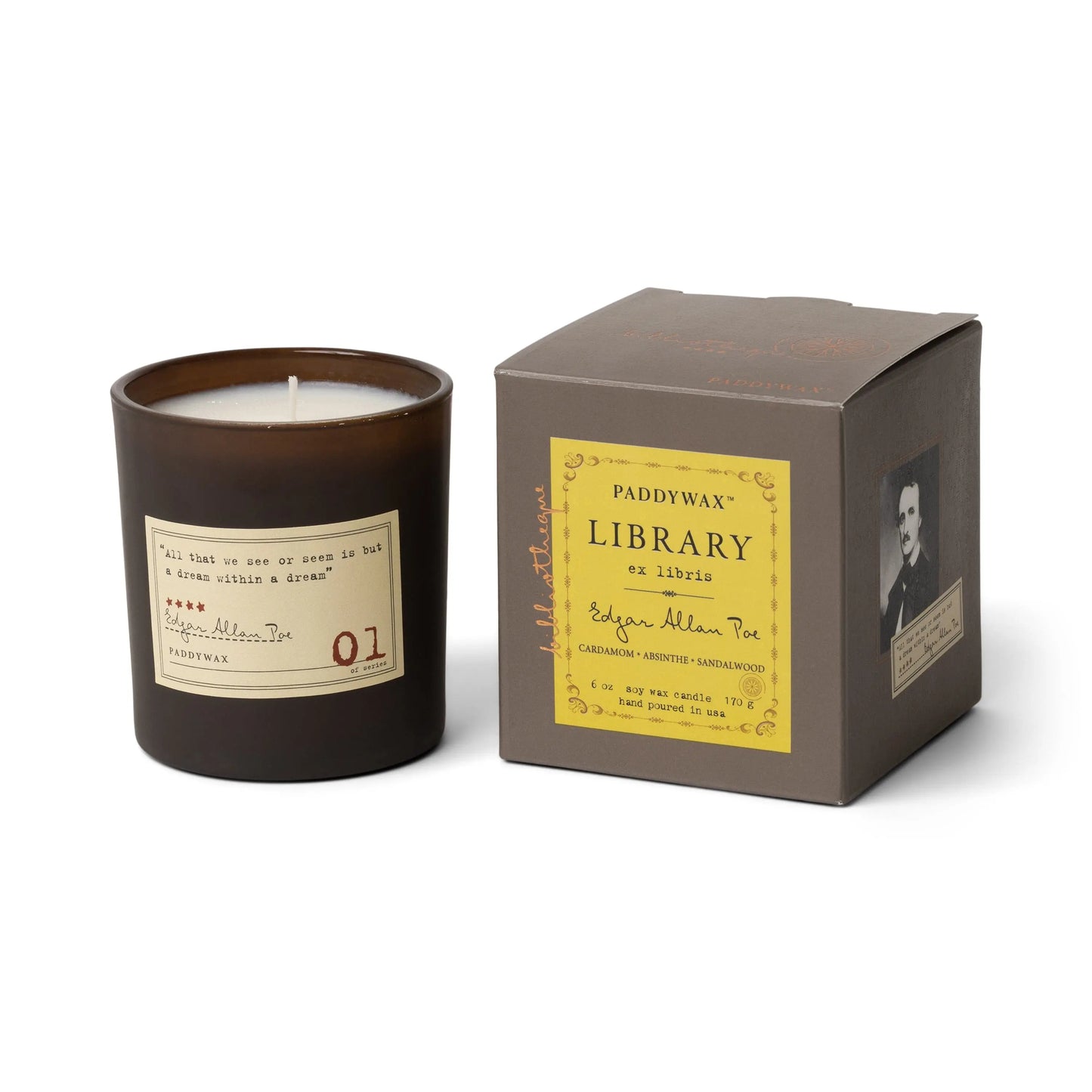 Library Edgar Allan Poe Candle - single wick white soy wax candle in glass jar next to grey packaging with yellow label