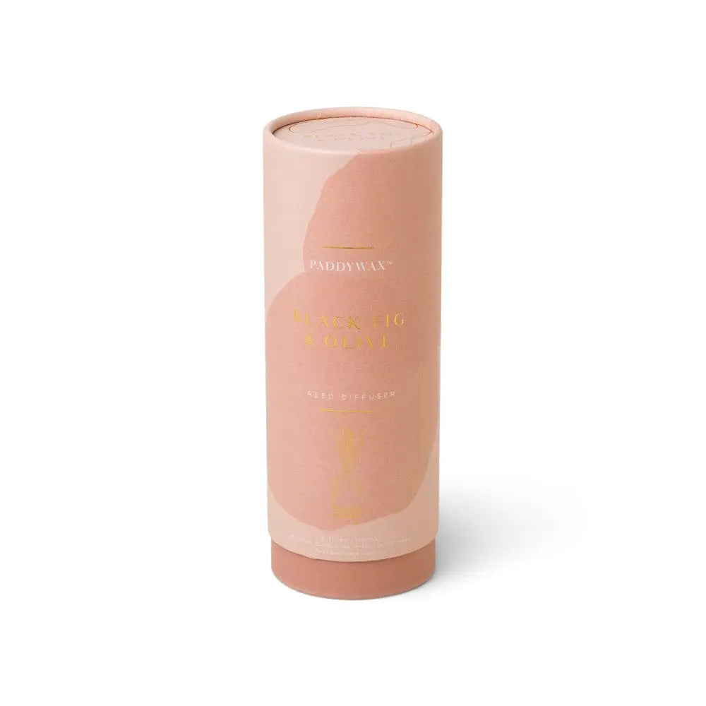 A Santorini 4 fl oz. Diffuser - Black Fig & Olive with a light brown and pink cylindrical design is shown on a white background.