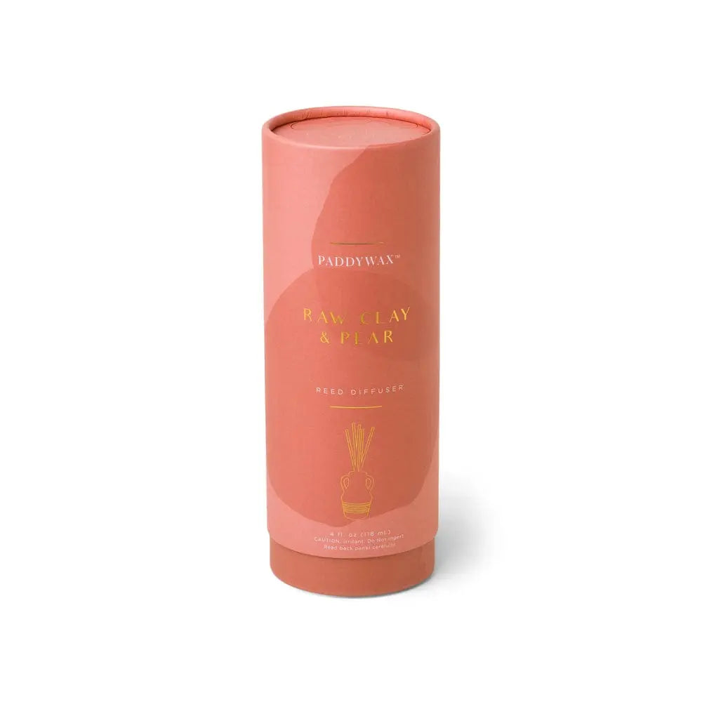 The Santorini 4 fl oz. Diffuser - Raw Clay & Pear features a cylindrical pink design with minimalist gold text and reed diffuser art—an elegant way to refresh your space with fragrance.