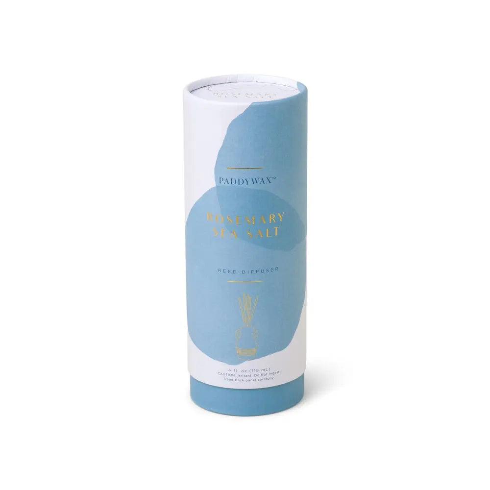 A cylindrical blue and white container labeled Santorini 4 fl oz. Diffuser - Rosemary Sea Salt stands upright on a plain white background.