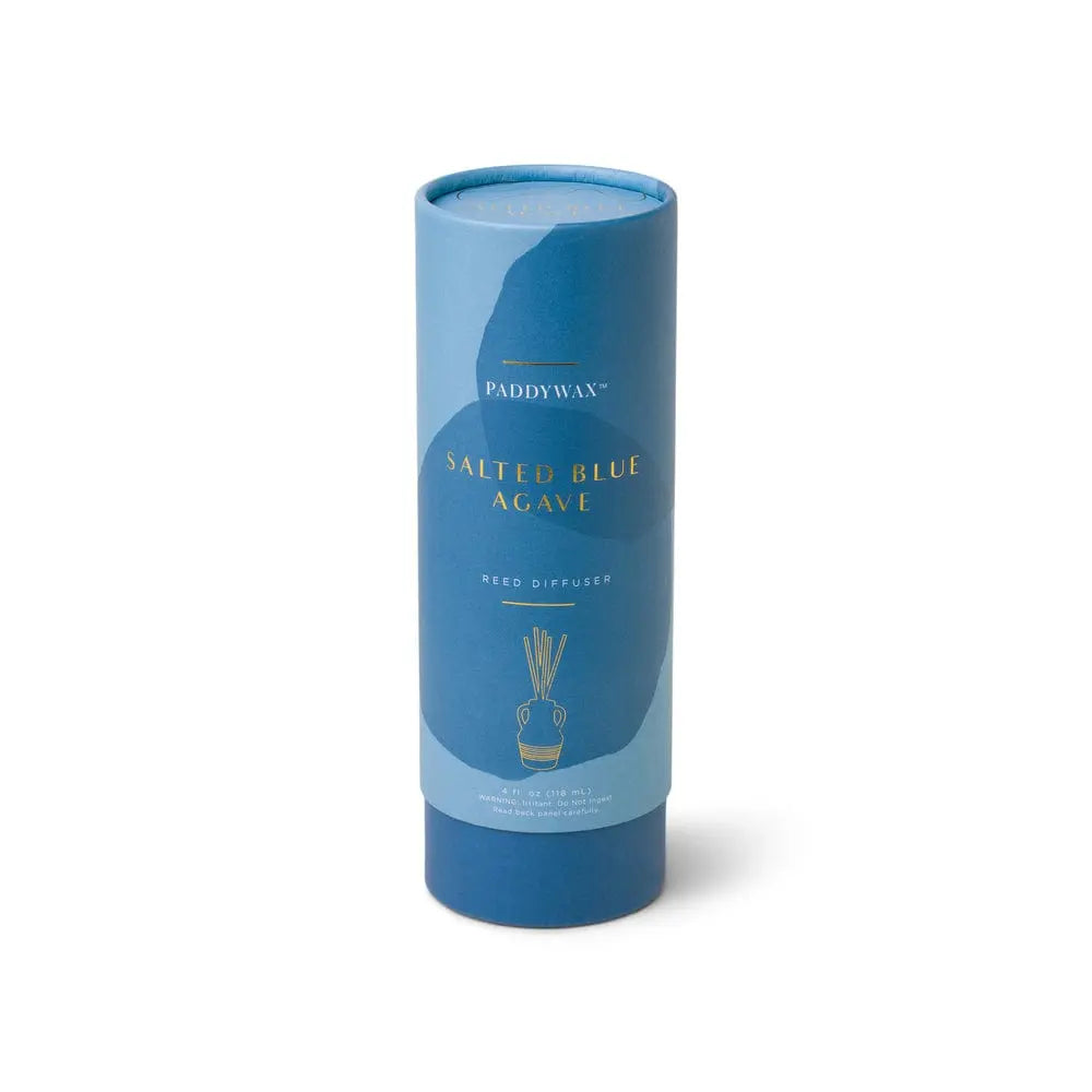 A minimalist blue cylindrical diffuser labeled “Santorini 4 fl oz. Diffuser - Salted Blue Agave,” ideal for adding a fresh, elegant scent and stylish touch to any room.