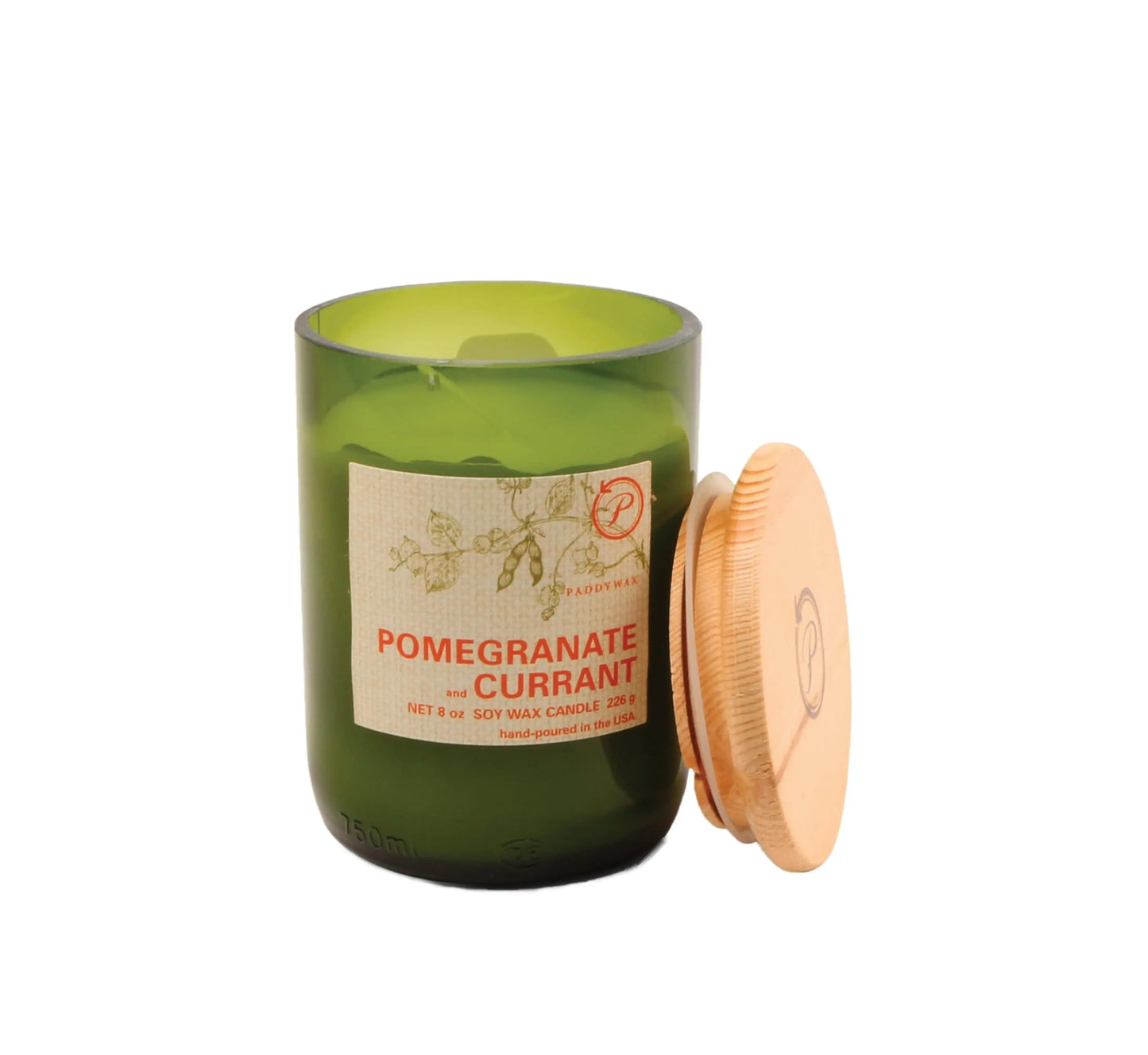 Candle in an 8 oz green glass vessel with a beige label and a wooden lid