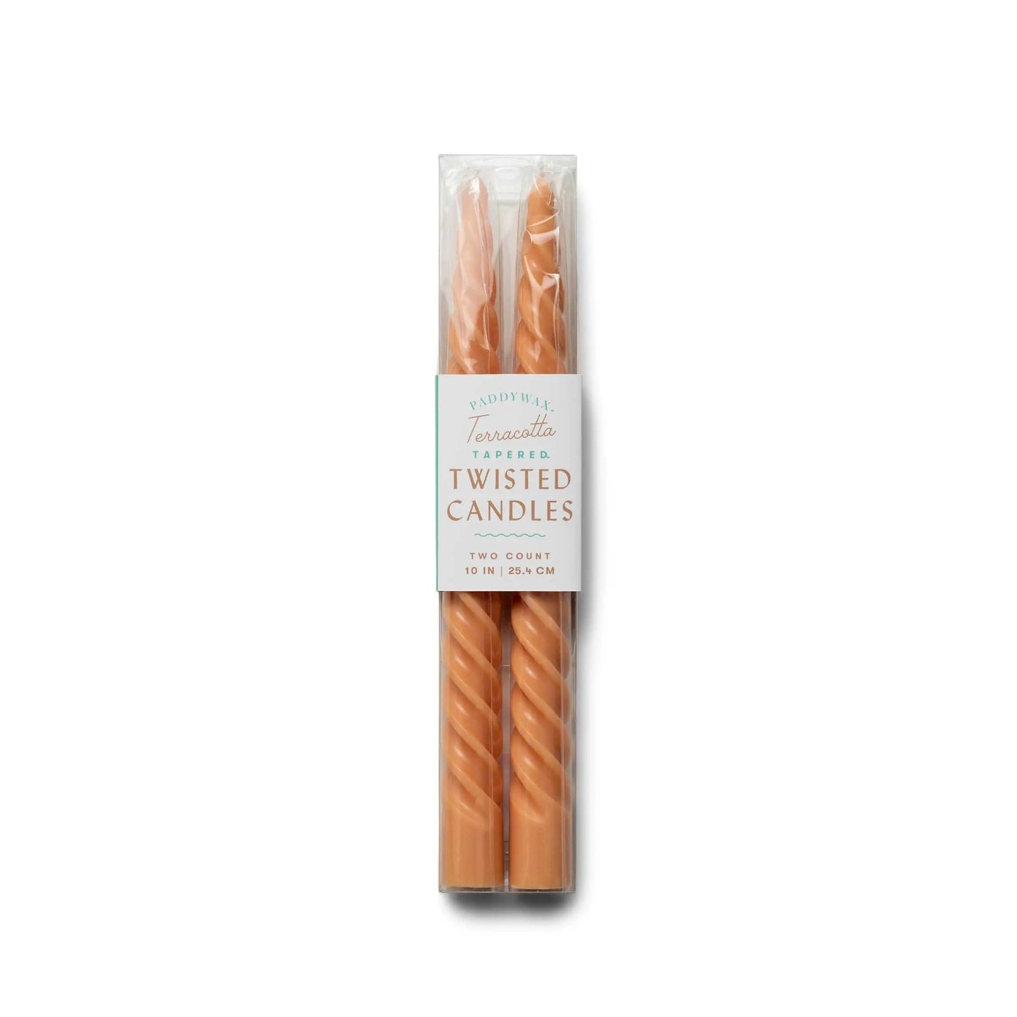 Terracotta Twisted Taper Candles, two unscented 10 in | 25.4 cm tapers with cotton wicks, are packaged in clear plastic and add a clean, classic touch.